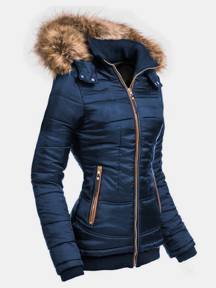 Dames Effen Kleur Rits Faux Bontkraag Capuchon Jas Met Zak