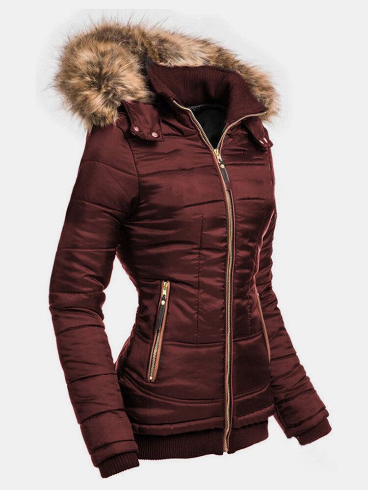 Dames Effen Kleur Rits Faux Bontkraag Capuchon Jas Met Zak