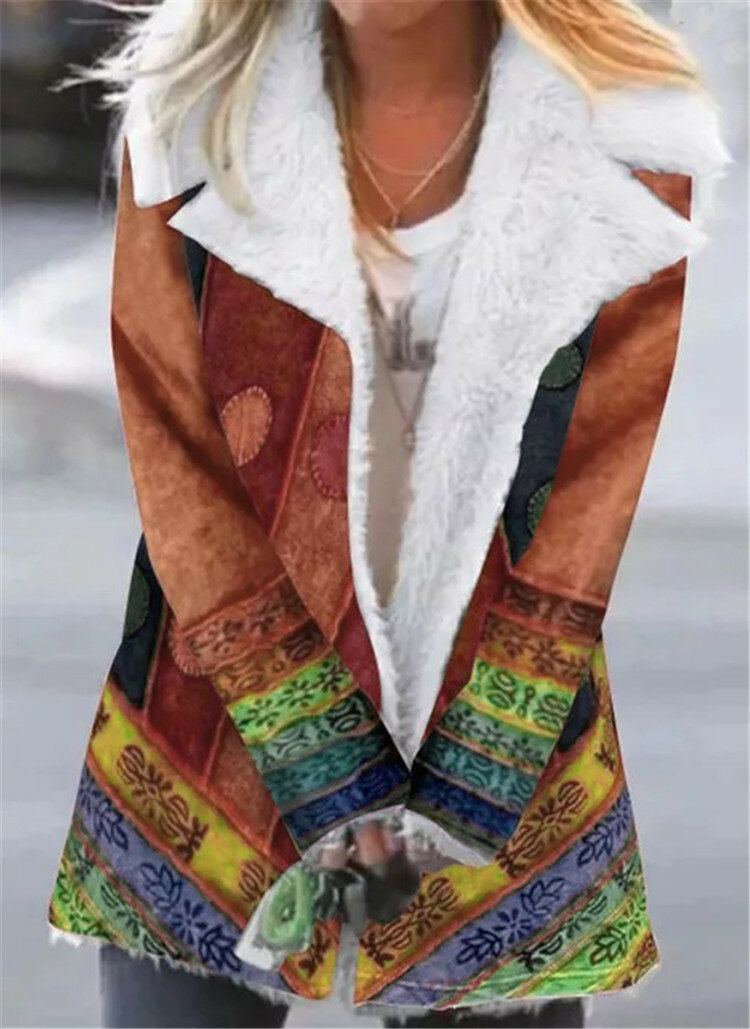 Dames Etnische Print Revers Fleece Gevoerde Dikke Casual Jas