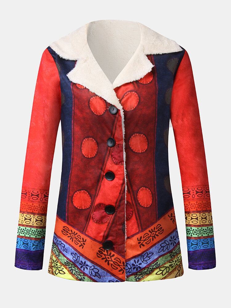 Dames Etnische Print Revers Fleece Gevoerde Dikke Casual Jas