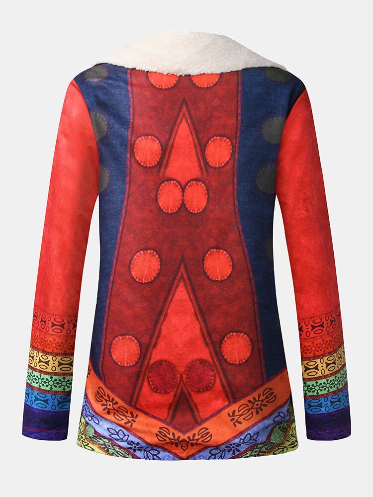 Dames Etnische Print Revers Fleece Gevoerde Dikke Casual Jas