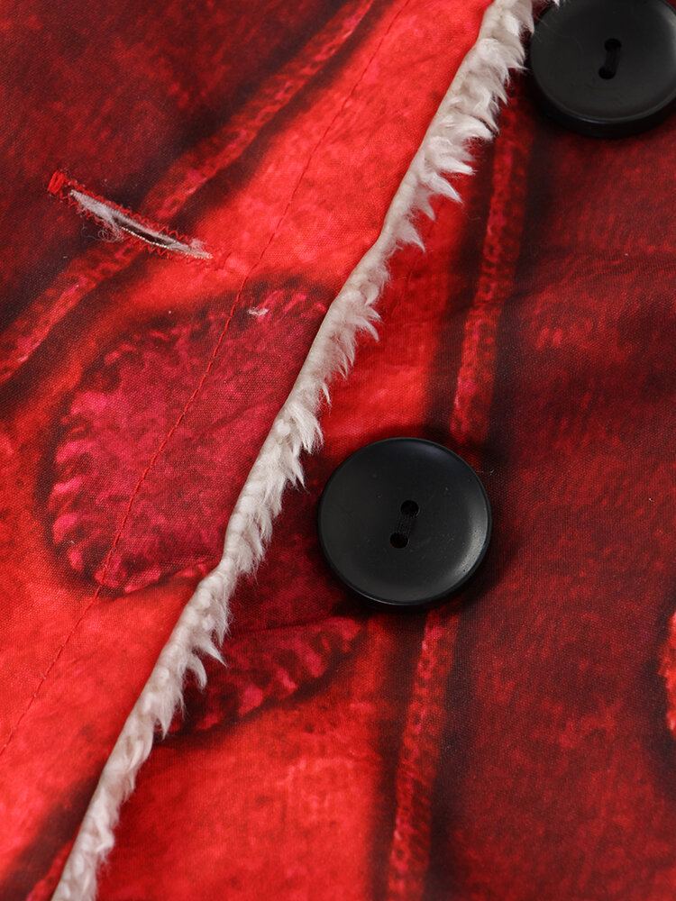 Dames Etnische Print Revers Fleece Gevoerde Dikke Casual Jas
