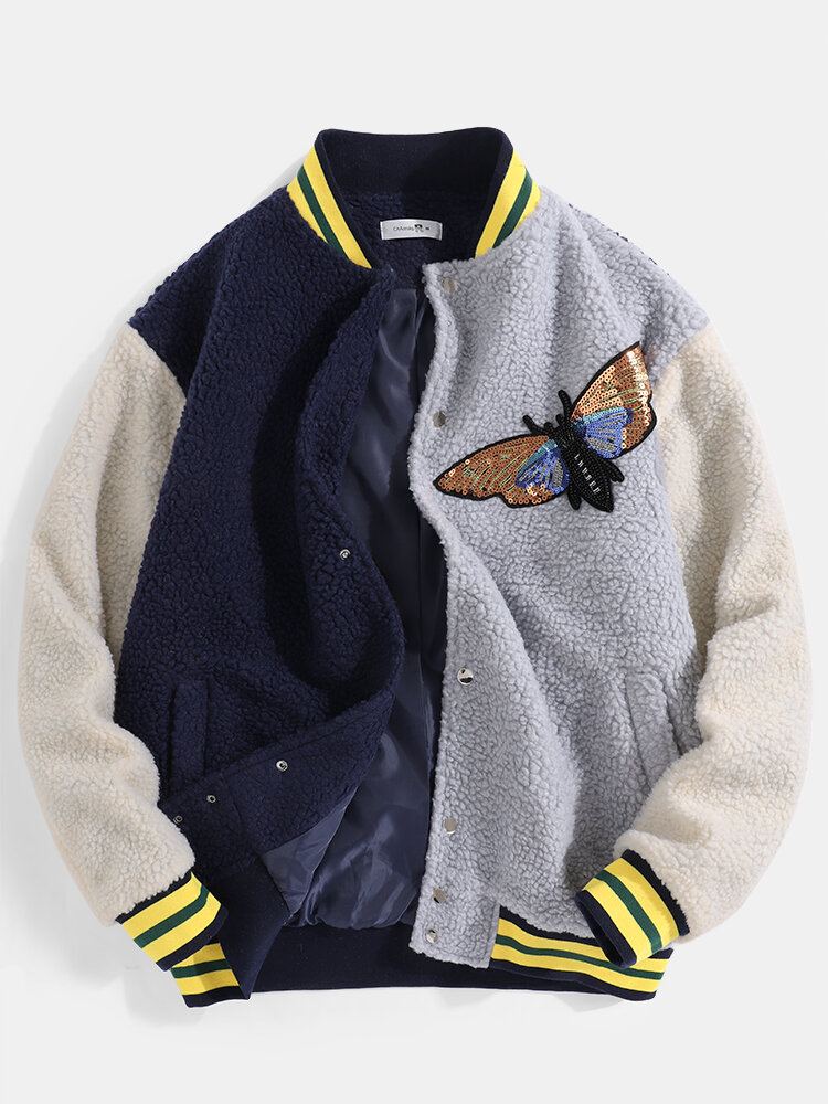 Heren Butterfly Pailletten Applique Patchwork Pocket Baseball Kraag Teddy Jas
