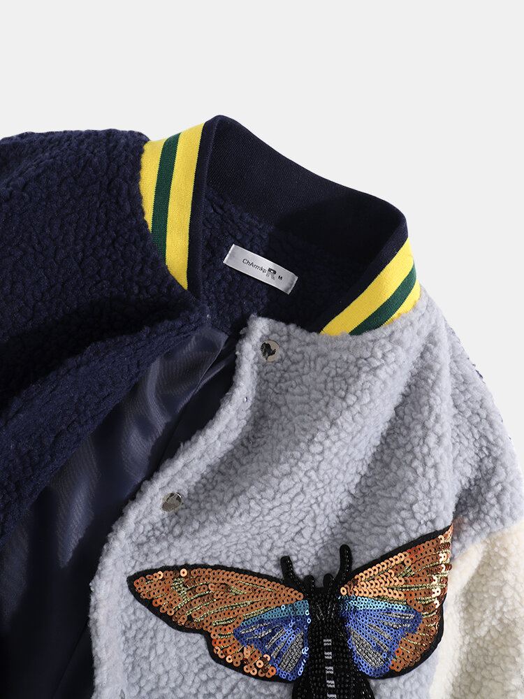 Heren Butterfly Pailletten Applique Patchwork Pocket Baseball Kraag Teddy Jas
