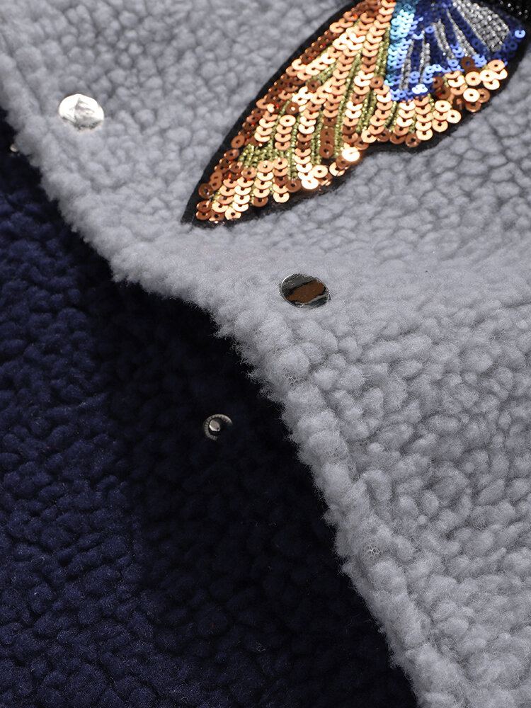Heren Butterfly Pailletten Applique Patchwork Pocket Baseball Kraag Teddy Jas