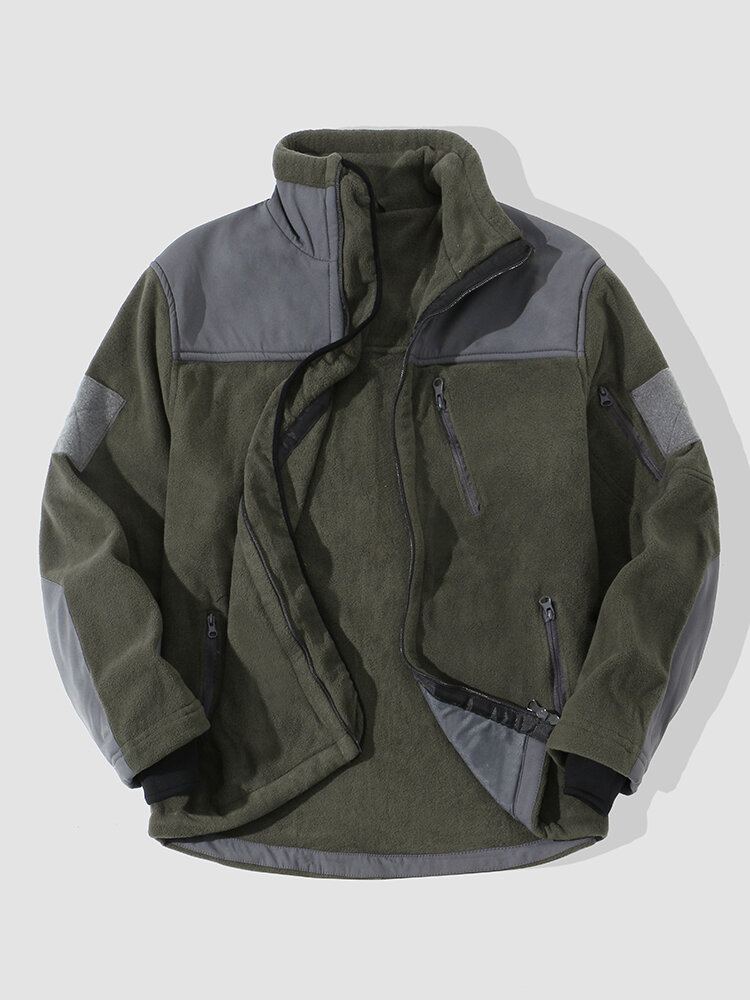 Heren Colorblock Trekkoord Voorzak Met Rits Warme Casual Jassen Met Lange Mouwen