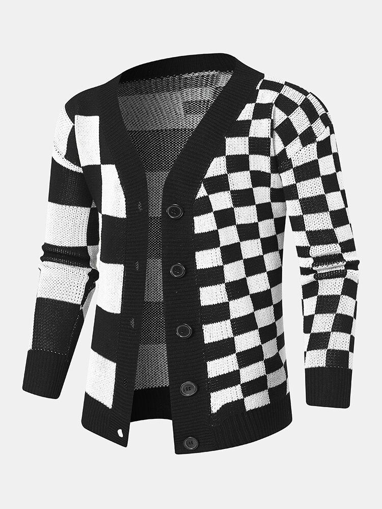 Heren Dambord Patchwork Kleurblok Gebreide Rooster Casual Vesten
