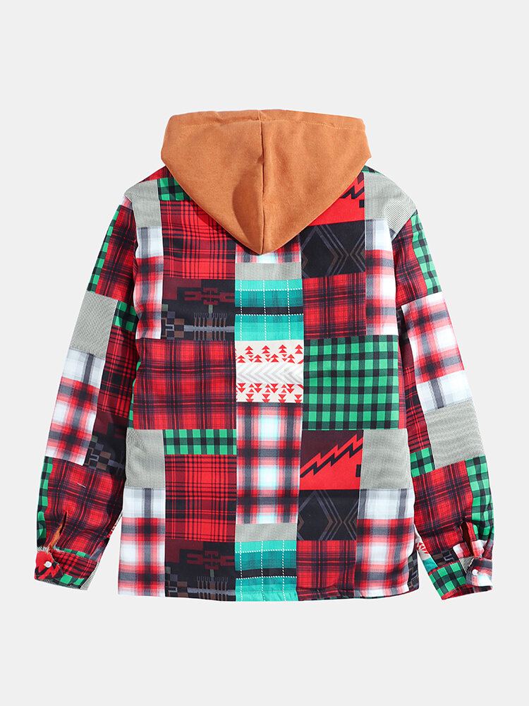 Heren Geruit Colorblock Dik Vintage Overhemd Met Capuchon