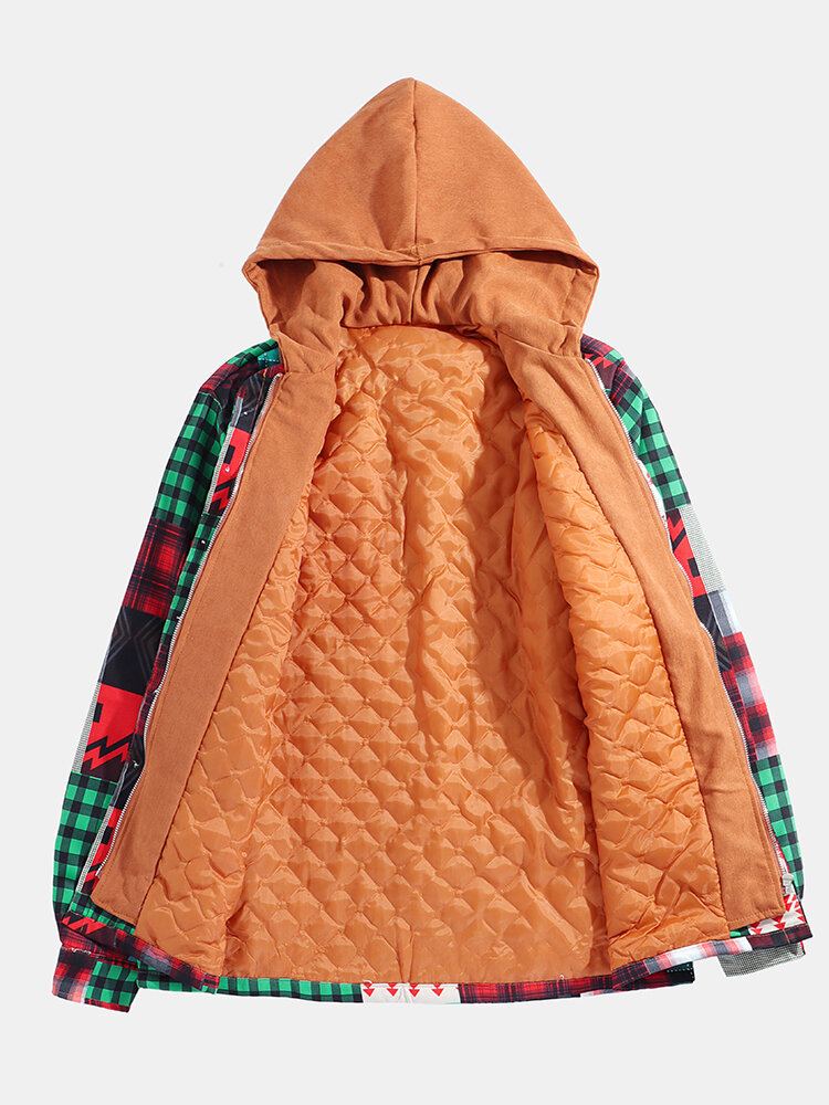 Heren Geruit Colorblock Dik Vintage Overhemd Met Capuchon