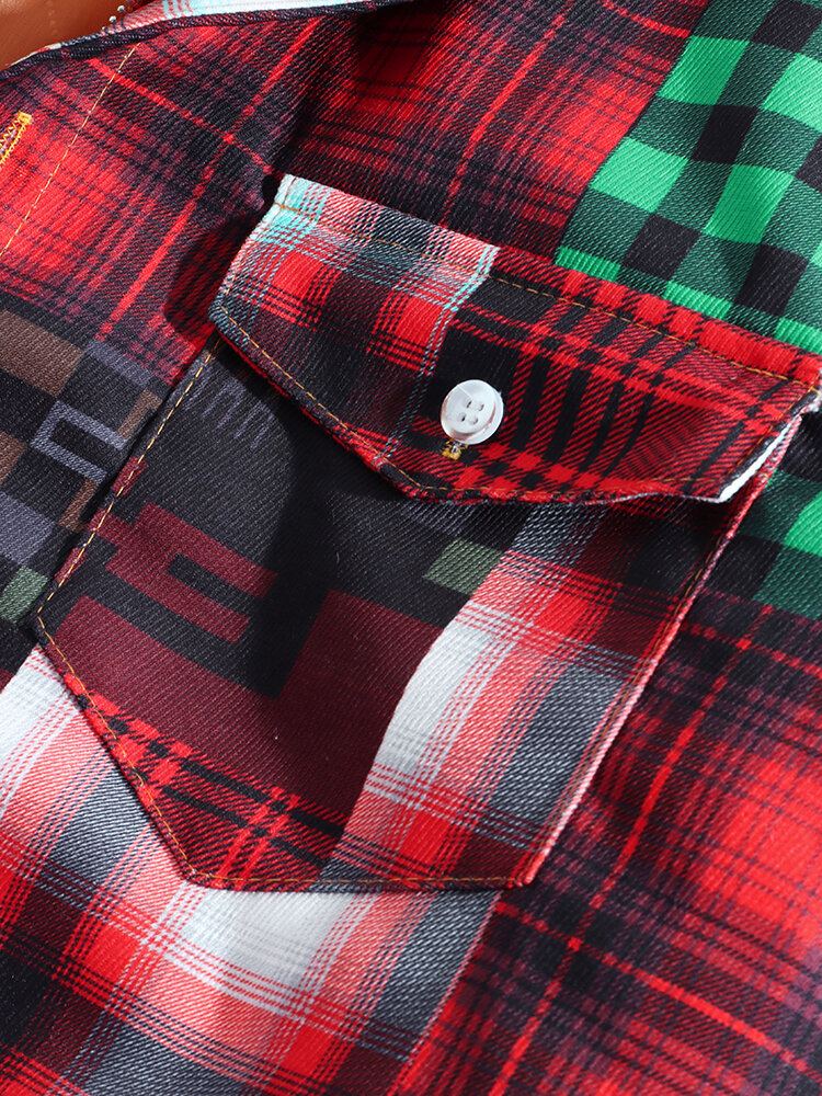 Heren Geruit Colorblock Dik Vintage Overhemd Met Capuchon