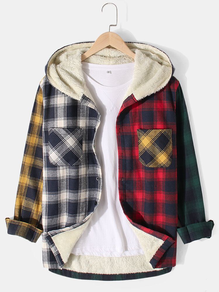 Heren Patchwork Geruite Warme Fleece Gevoerde Jas Met Lange Mouwen En Capuchon