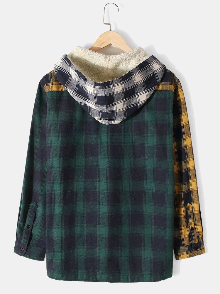 Heren Patchwork Geruite Warme Fleece Gevoerde Jas Met Lange Mouwen En Capuchon