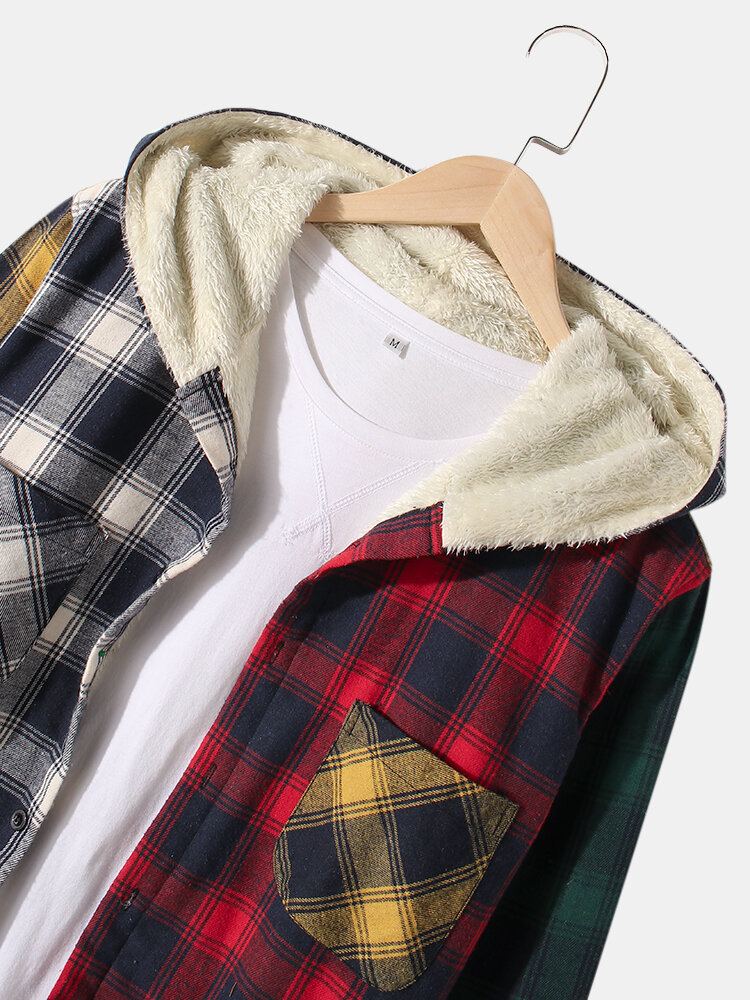 Heren Patchwork Geruite Warme Fleece Gevoerde Jas Met Lange Mouwen En Capuchon