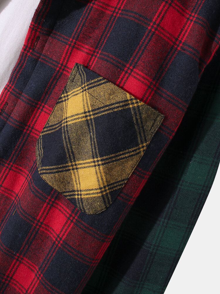 Heren Patchwork Geruite Warme Fleece Gevoerde Jas Met Lange Mouwen En Capuchon