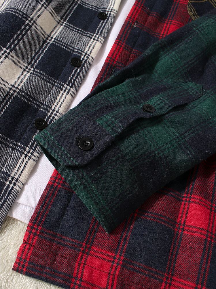 Heren Patchwork Geruite Warme Fleece Gevoerde Jas Met Lange Mouwen En Capuchon