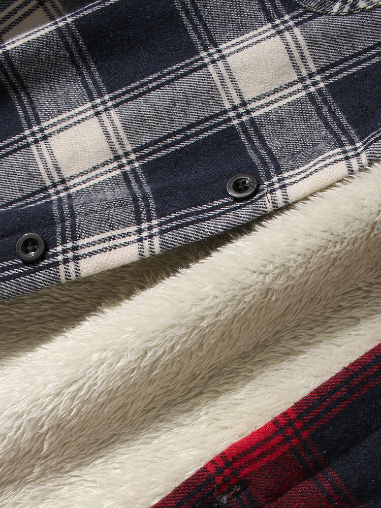 Heren Patchwork Geruite Warme Fleece Gevoerde Jas Met Lange Mouwen En Capuchon