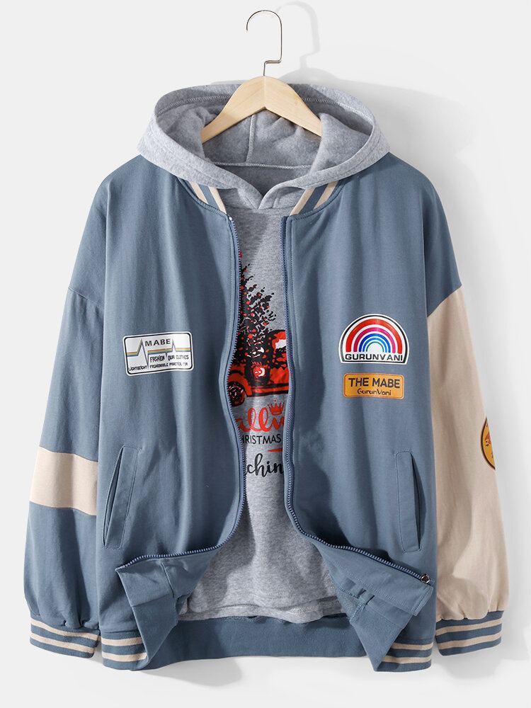 Heren Patchwork Patroon Licentie Rits Dagelijkse Losse Varsity Jas