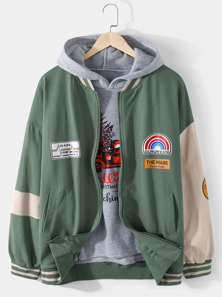 Heren Patchwork Patroon Licentie Rits Dagelijkse Losse Varsity Jas