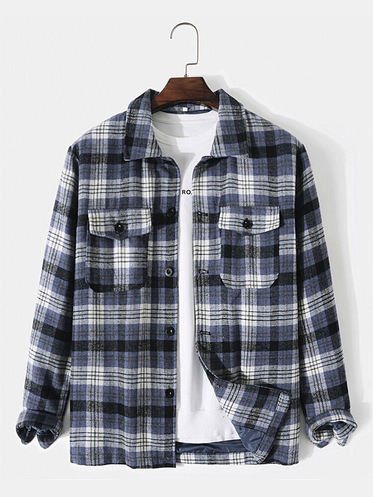 Heren Plaid Borstzakken Button Up Revers Shirts Lange Mouwen Jassen