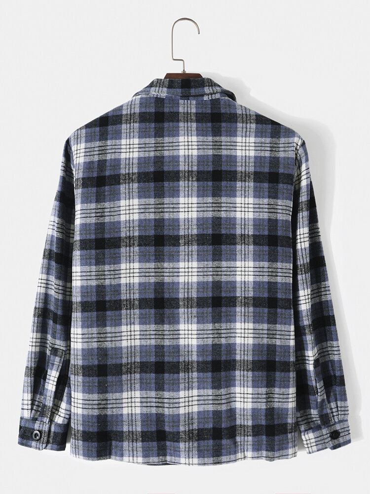 Heren Plaid Borstzakken Button Up Revers Shirts Lange Mouwen Jassen