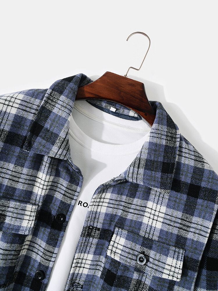 Heren Plaid Borstzakken Button Up Revers Shirts Lange Mouwen Jassen
