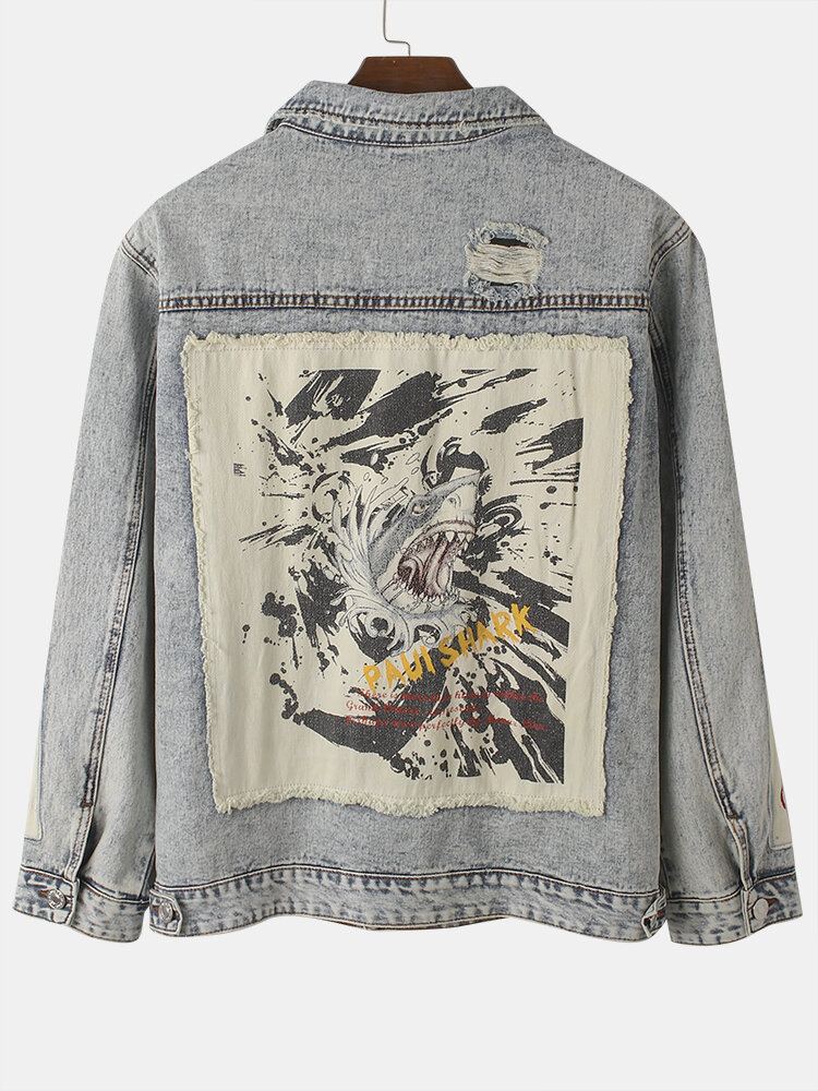 Heren Vintage Distressed Ripped Patch Casual Katoenen Denim Jas