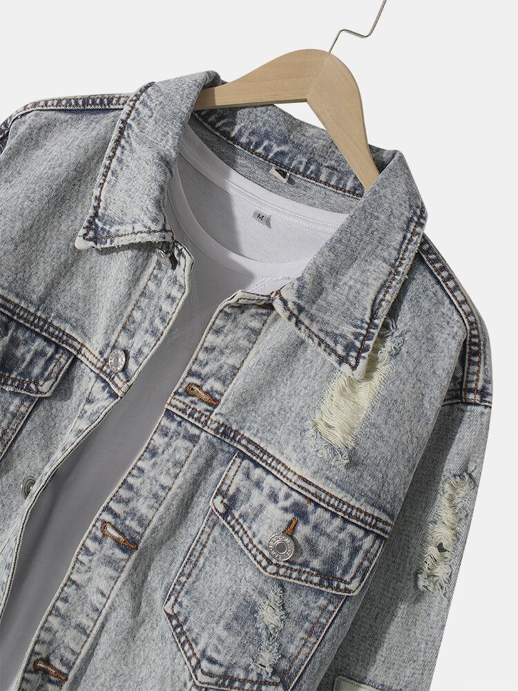 Heren Vintage Distressed Ripped Patch Casual Katoenen Denim Jas