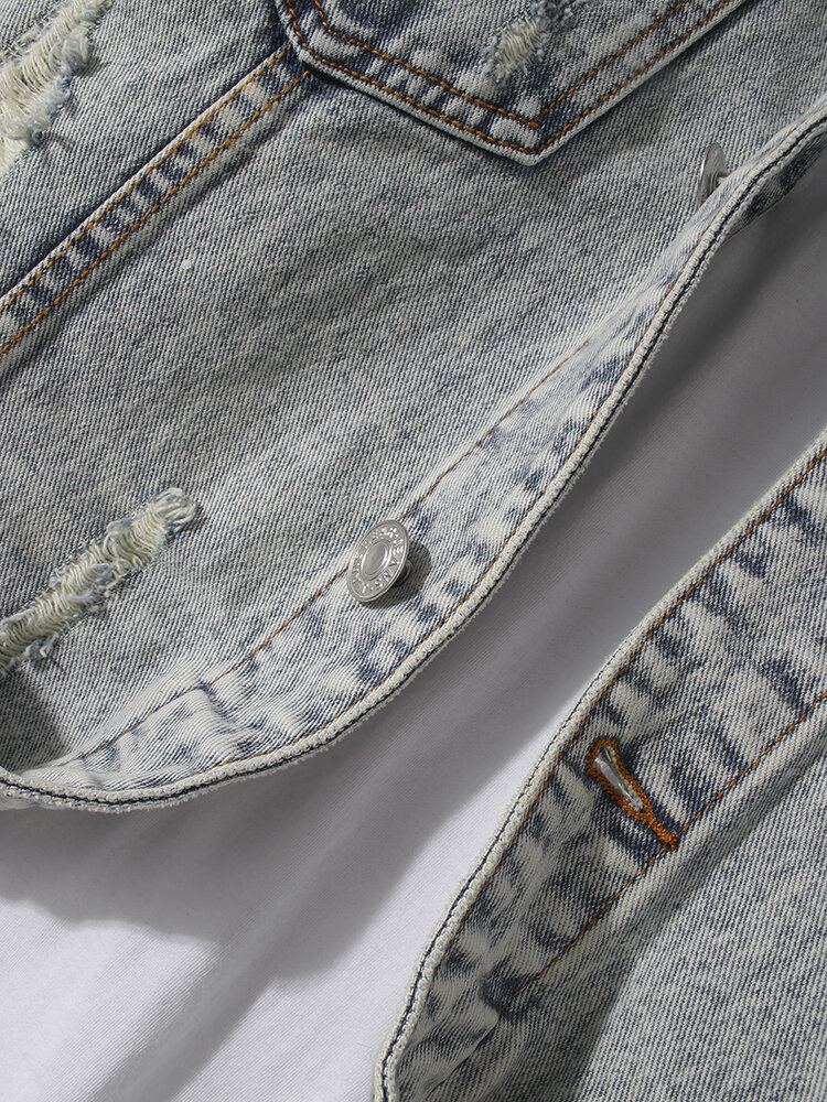 Heren Vintage Distressed Ripped Patch Casual Katoenen Denim Jas