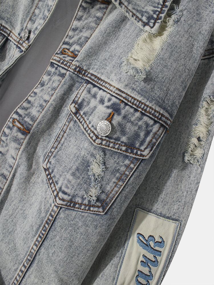 Heren Vintage Distressed Ripped Patch Casual Katoenen Denim Jas