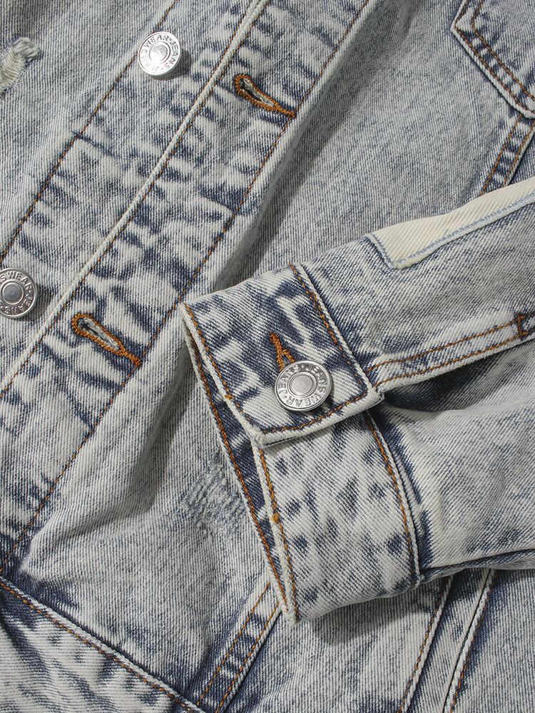 Heren Vintage Distressed Ripped Patch Casual Katoenen Denim Jas