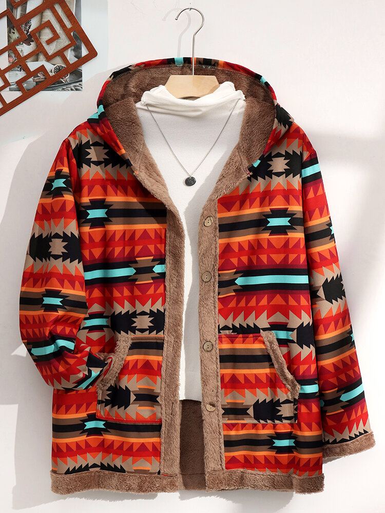 Vrouwen Hooded Fluffy Etnisch Patroon Patchwork Zakknopen Casual Jassen