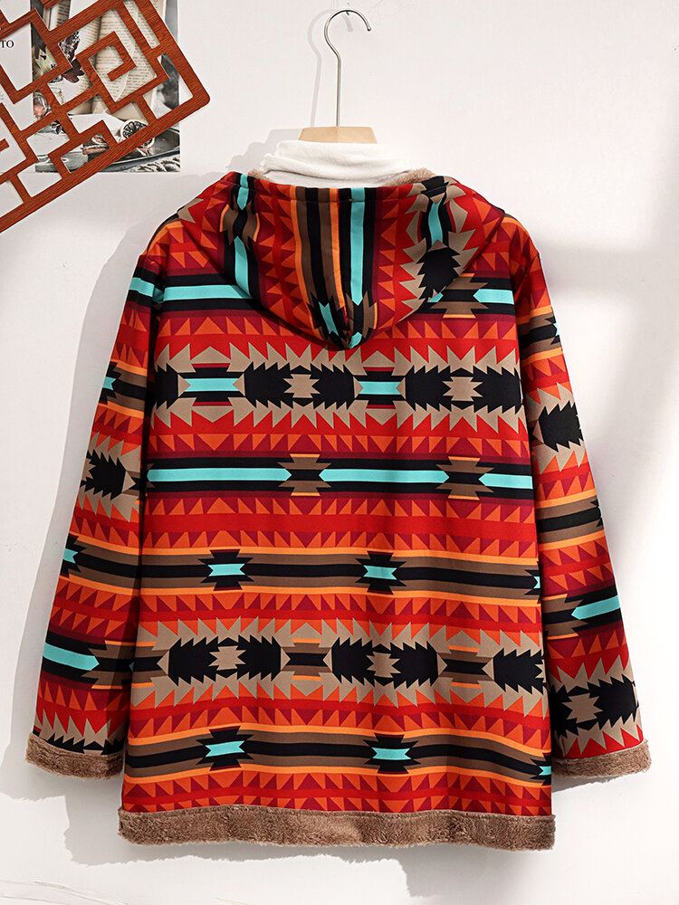 Vrouwen Hooded Fluffy Etnisch Patroon Patchwork Zakknopen Casual Jassen