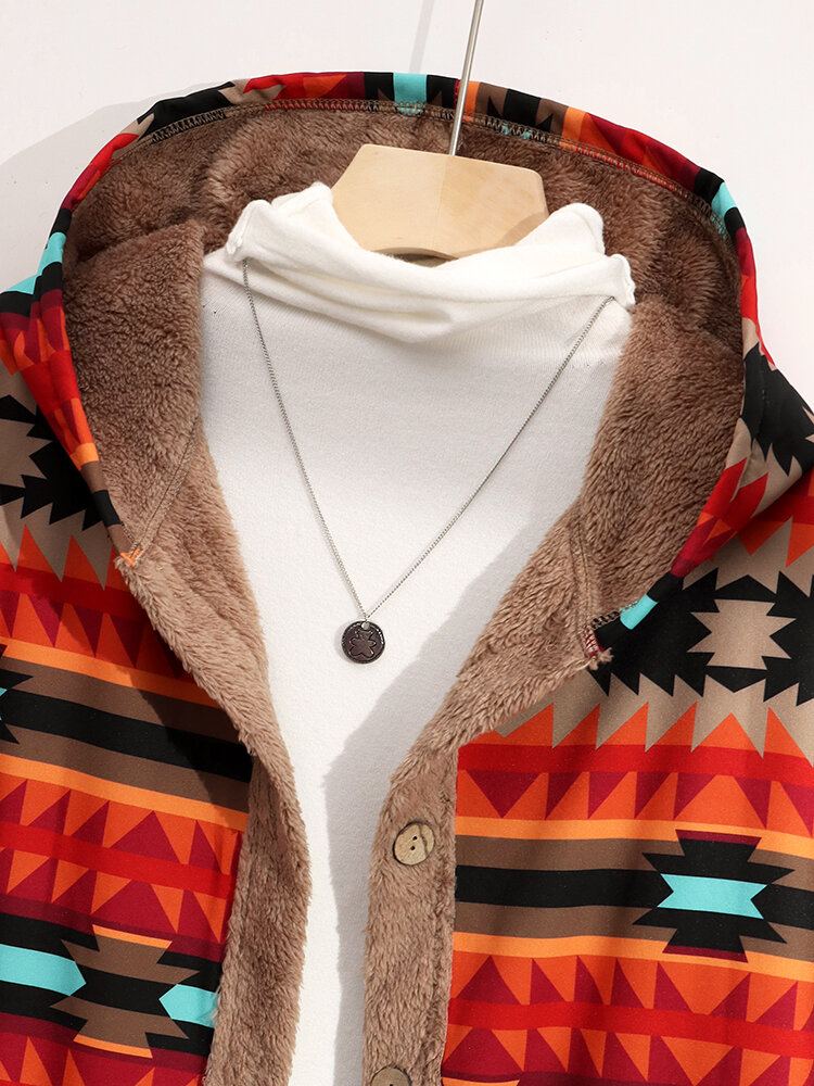 Vrouwen Hooded Fluffy Etnisch Patroon Patchwork Zakknopen Casual Jassen