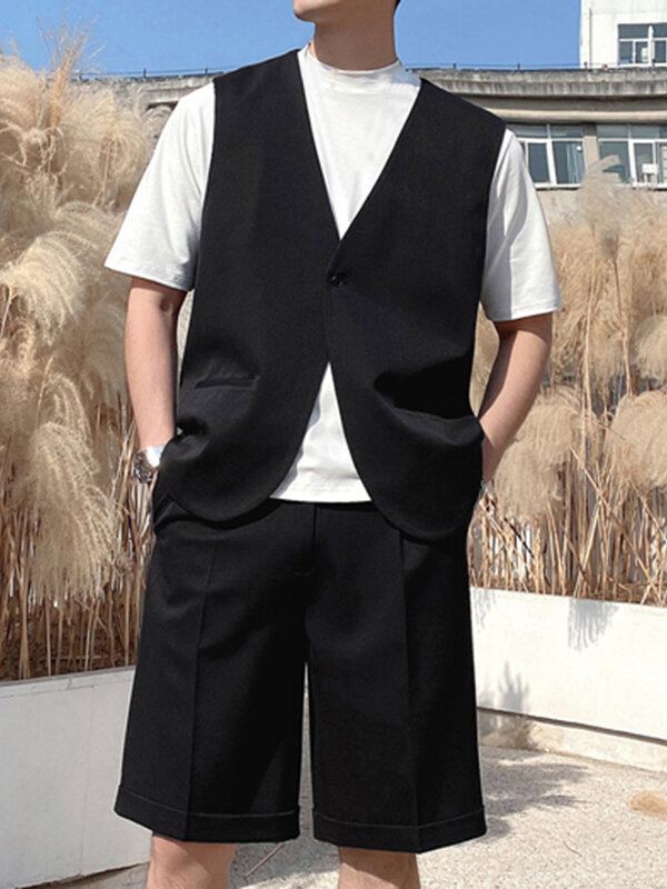 Heren Effen Kleur Knop Zak Mouwloos Casual Vest Shorts Sets