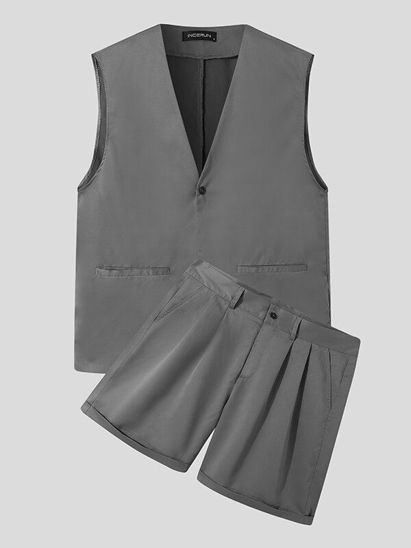 Heren Effen Kleur Knop Zak Mouwloos Casual Vest Shorts Sets