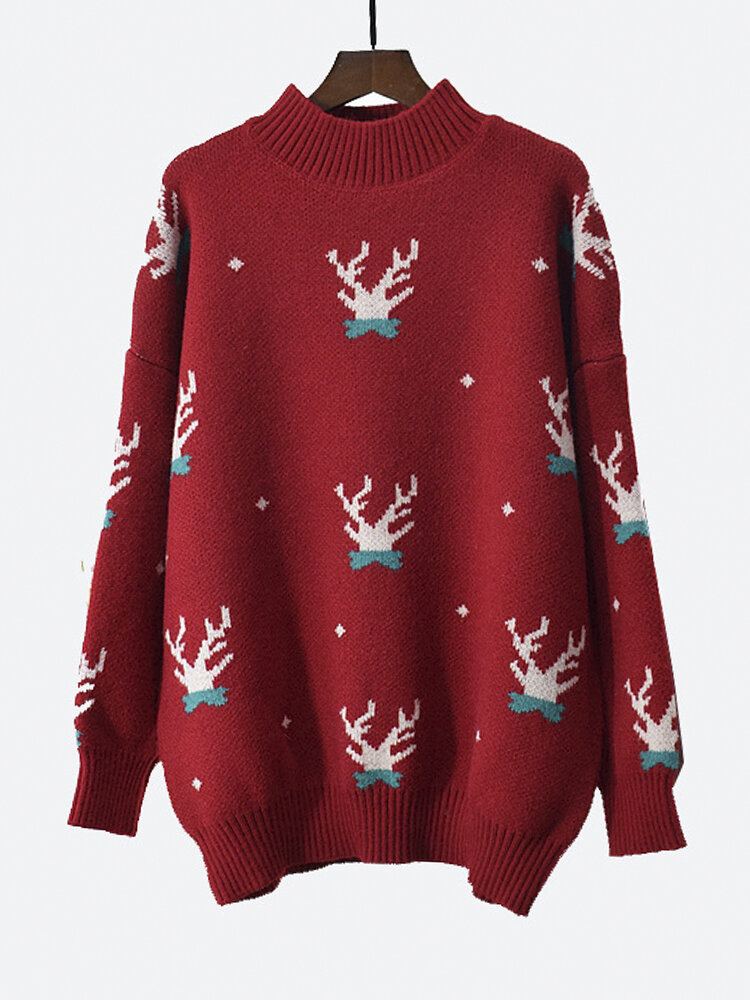 Dames Ribgebreide Kerst Geweien Patroon Drop Shoulder Pullover Truien