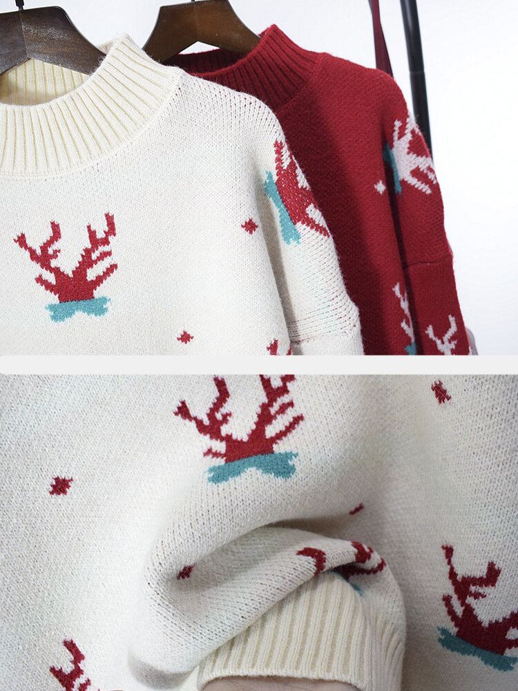 Dames Ribgebreide Kerst Geweien Patroon Drop Shoulder Pullover Truien
