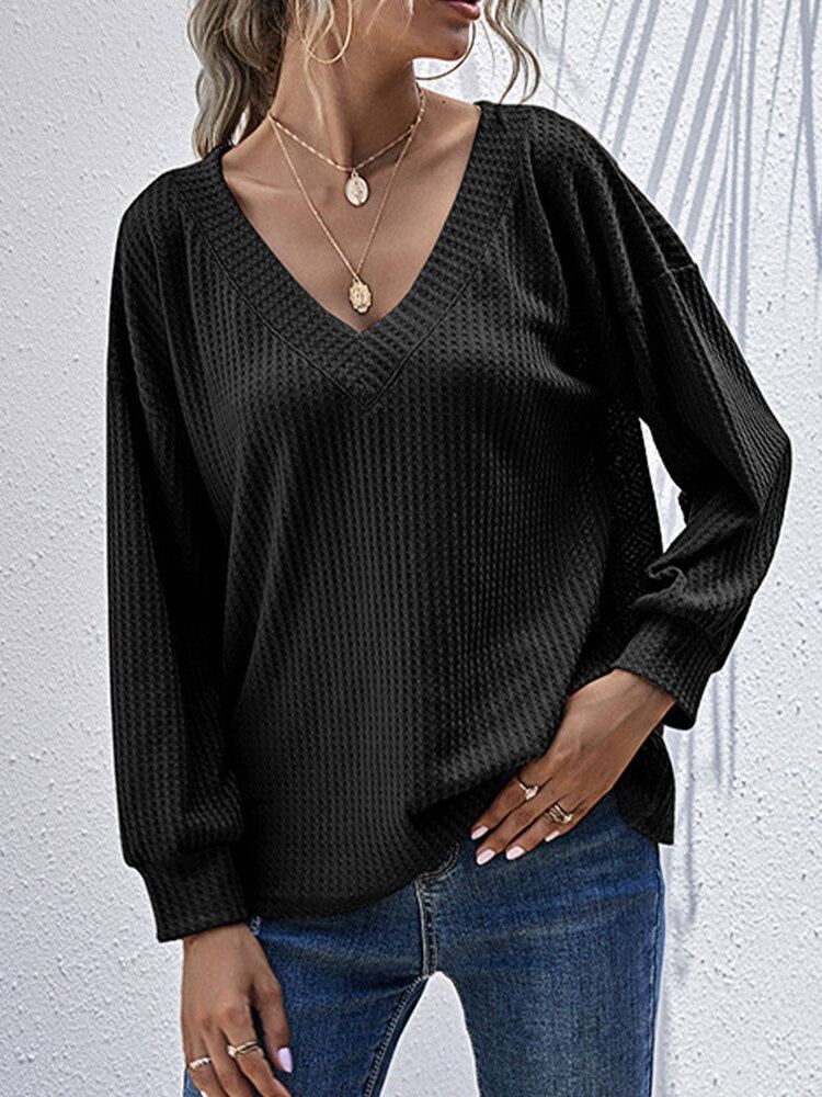 Dames Textured Knit V-hals Pure Color Lange Mouwen Effen Truien