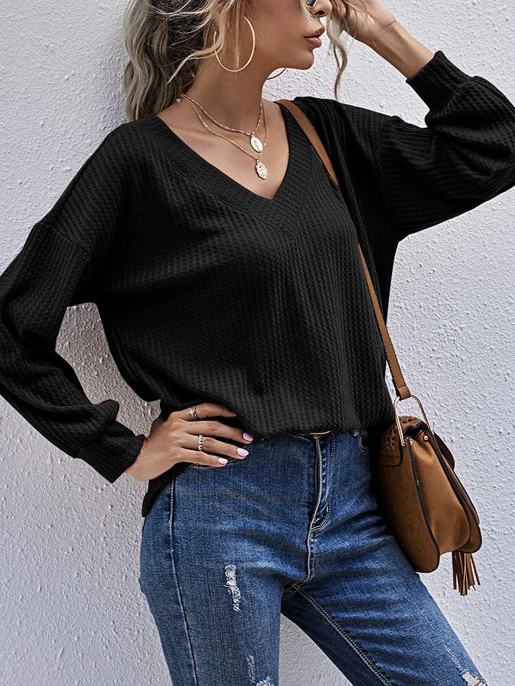 Dames Textured Knit V-hals Pure Color Lange Mouwen Effen Truien