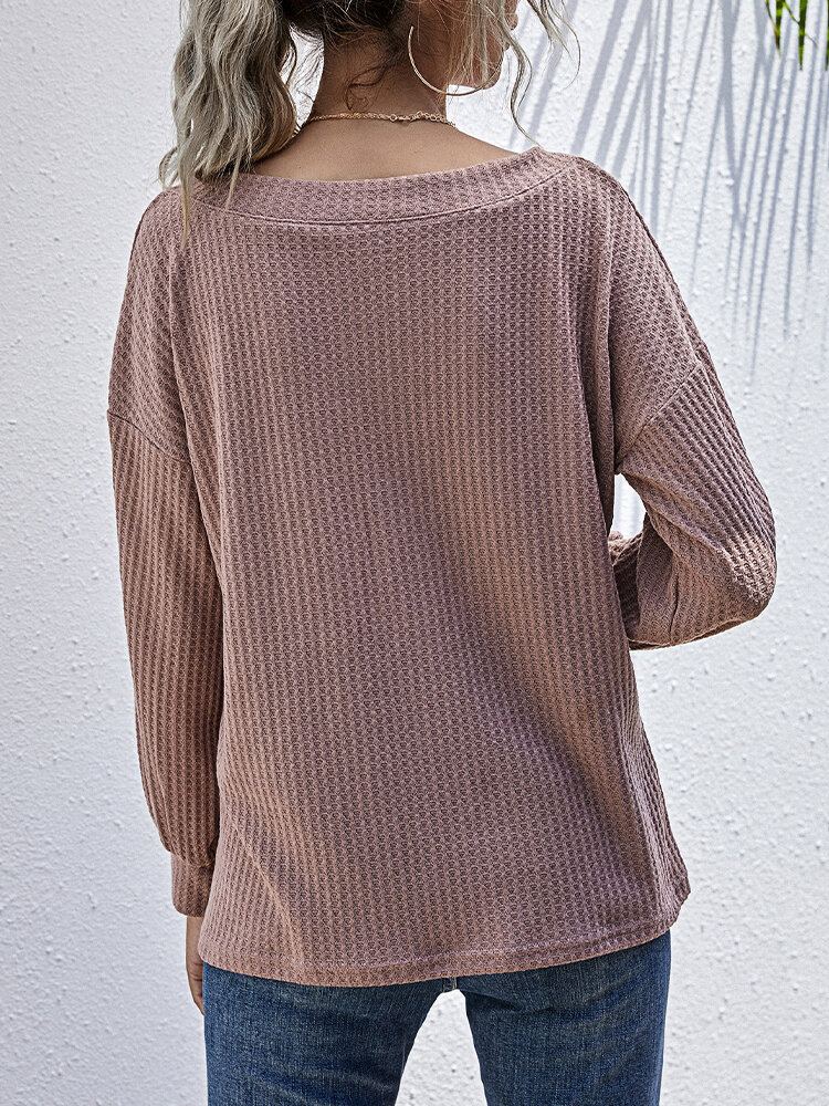 Dames Textured Knit V-hals Pure Color Lange Mouwen Effen Truien