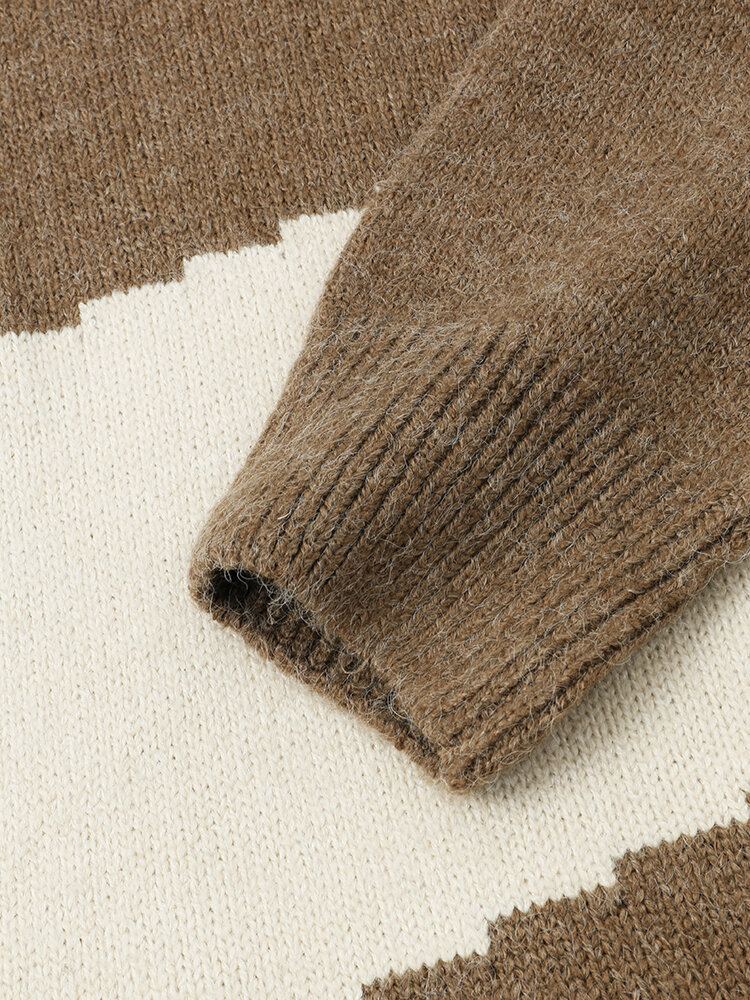 Heren Kleurblok Patchwork Ronde Hals Gebreide Trui Casual Truien