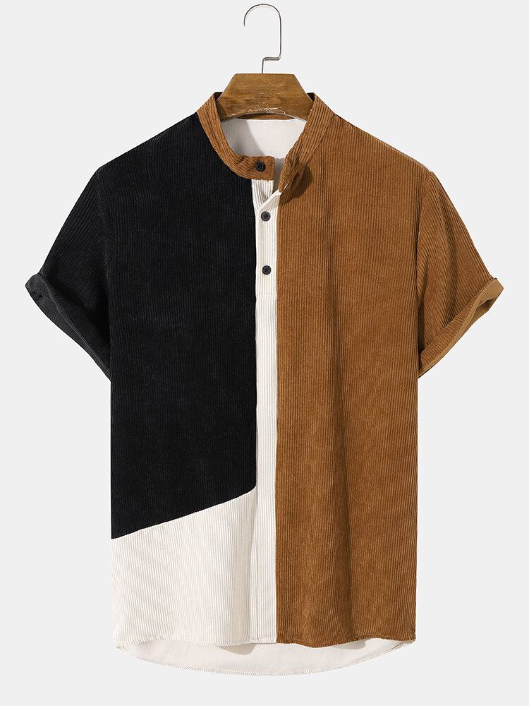 Casual Patchwork Corduroy Overhemden Met Opstaande Kraag Voor Heren