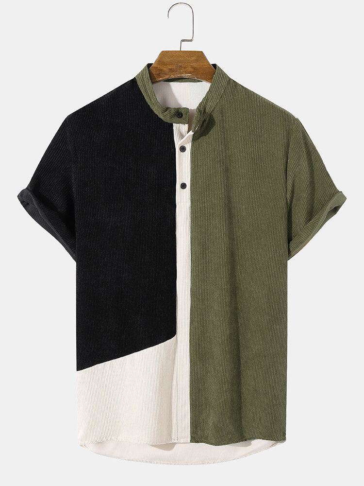 Casual Patchwork Corduroy Overhemden Met Opstaande Kraag Voor Heren