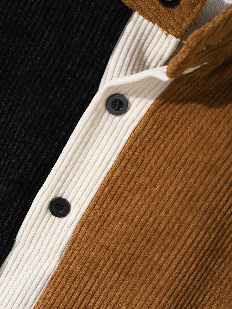 Casual Patchwork Corduroy Overhemden Met Opstaande Kraag Voor Heren