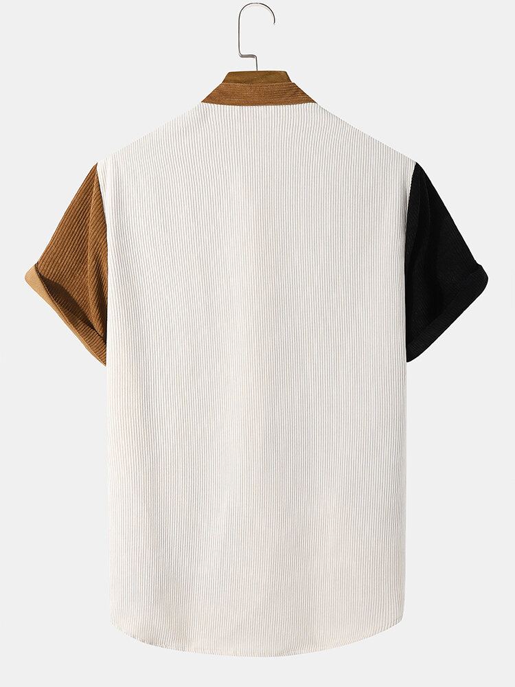 Casual Patchwork Corduroy Overhemden Met Opstaande Kraag Voor Heren