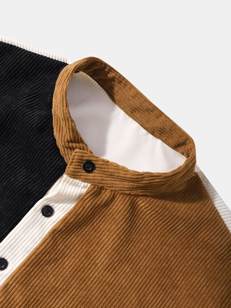 Casual Patchwork Corduroy Overhemden Met Opstaande Kraag Voor Heren