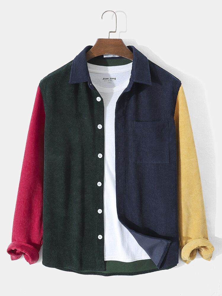 Corduroy-contraststiksel Voor Heren Preppy Overhemden Met Lange Mouwen