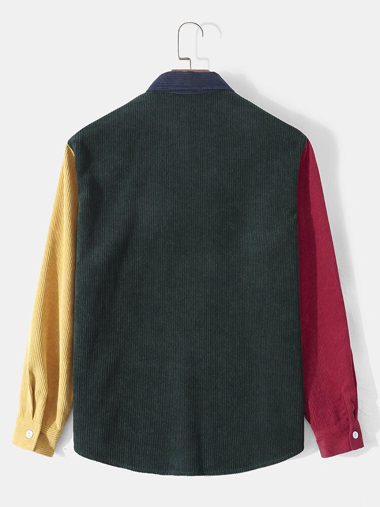Corduroy-contraststiksel Voor Heren Preppy Overhemden Met Lange Mouwen