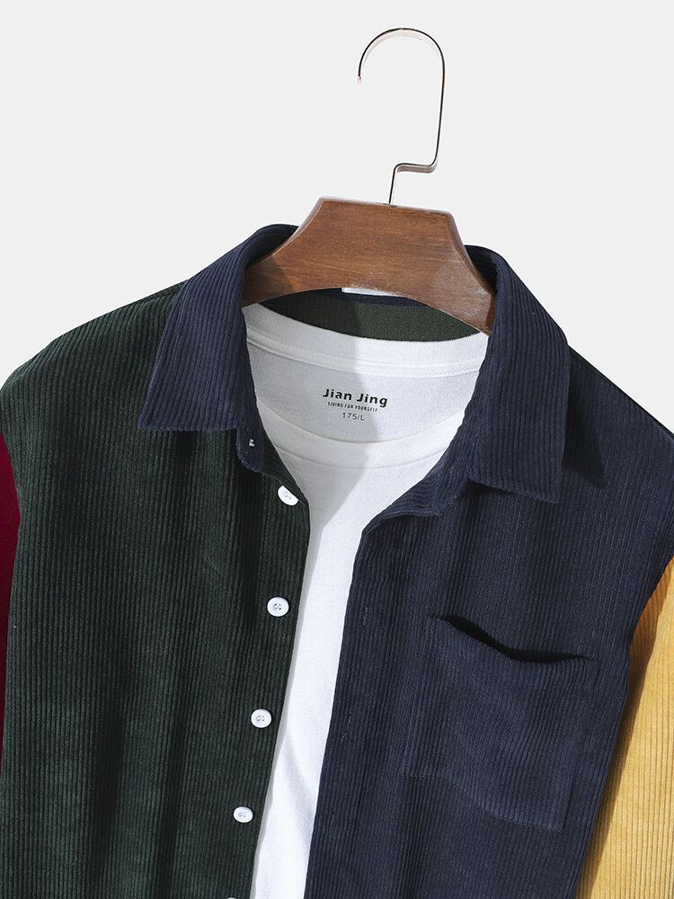 Corduroy-contraststiksel Voor Heren Preppy Overhemden Met Lange Mouwen