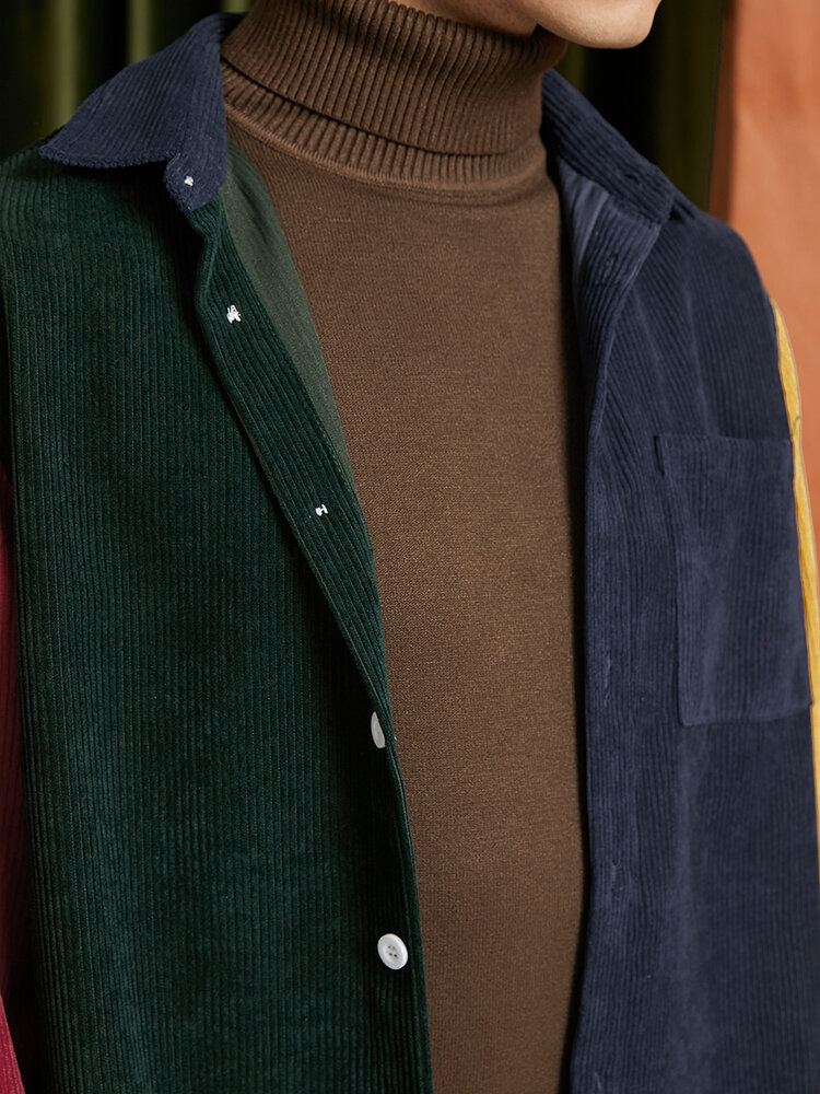 Corduroy-contraststiksel Voor Heren Preppy Overhemden Met Lange Mouwen